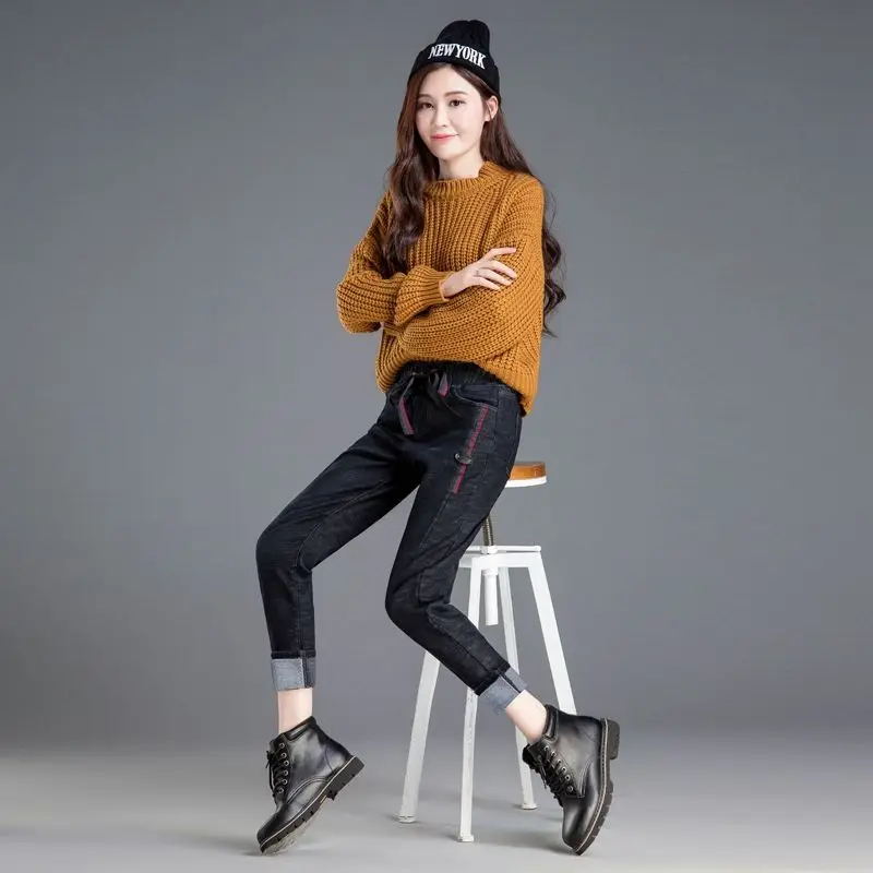 

Woman Jeans Pants Loose Autumn Stretch Pants High Waist Pants Elastic Waist