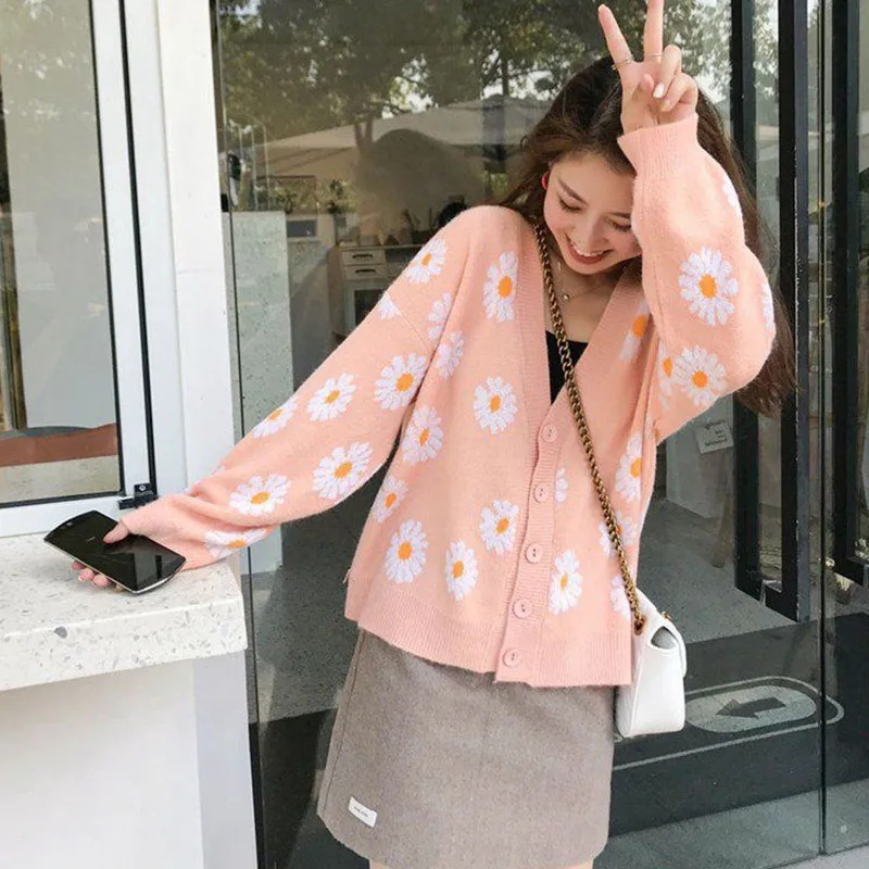 Women V Neck Loose Sweater Cardigan Autumn Winter Daisy Knit Sweaters Oversized Knitted Cardigan Coats Rebeca Punto Mujer