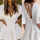 Женское свободное мини-платье с расклешенными рукавами, белое свободное пляжное платье-трапеция с глубоким V-образным вырезом, открытой спиной и оборками на подоле, 34