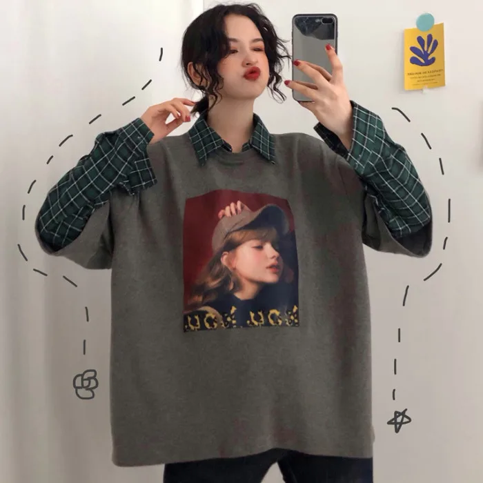 

Hoodies Women Autumn Trendy Harajuku Large Size Printed All-match Patchwork Loose Thin Womens Clothing Chic Soft Casual Ulzzang