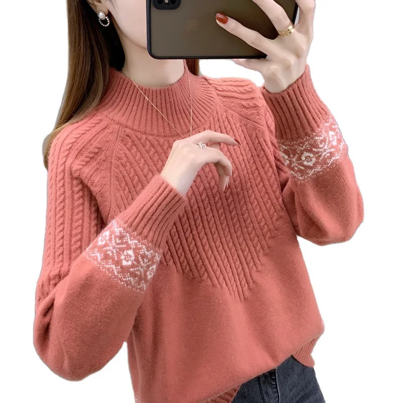 

2020 Autumn Winter Women Sweater Half High Neck Fashion Print Long Sleeve Loose Kintted Vintage Casual Female Pullovers Tops