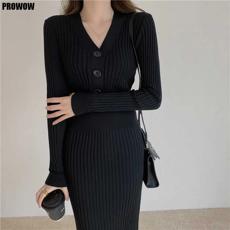 

Korean Ladies One-Piece Dress Elegant Slim Knitted Sweater Dresses 2020 Winter Woman New Hedging Sweater Knitt Dress Long Dress
