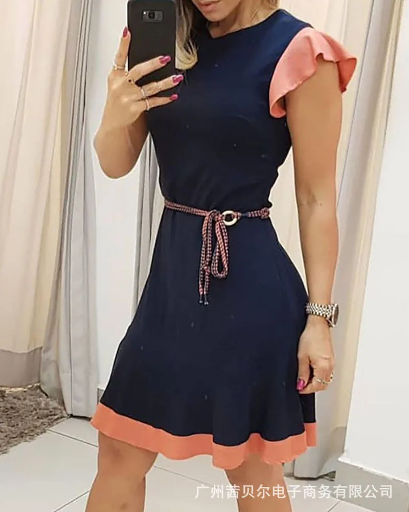 

WEPBEL Women's Mini Dress New Dark Blue Color Ruffles Sleeveless High Waist V Neck Sexy Casual Fashion Dress