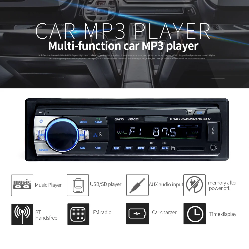 Bluetooth Авторадио 12 в автомобильный стерео радио FM Aux-IN входной приемник SD USB JSD-520 In-dash 1 din автомобильный MP3 мультимедийный плеер