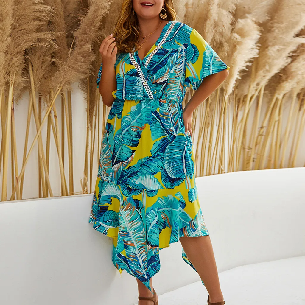 Женское платье с тропическим принтом V-образным вырезом и коротким рукавом |
