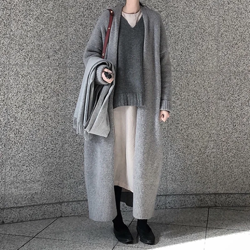 

2021 Women New Elegant Long Cardigan Ladies Grey Black Knitted Oversize Loose Ribbed Sweaters Fashion Coat Autumn Winter Y2k