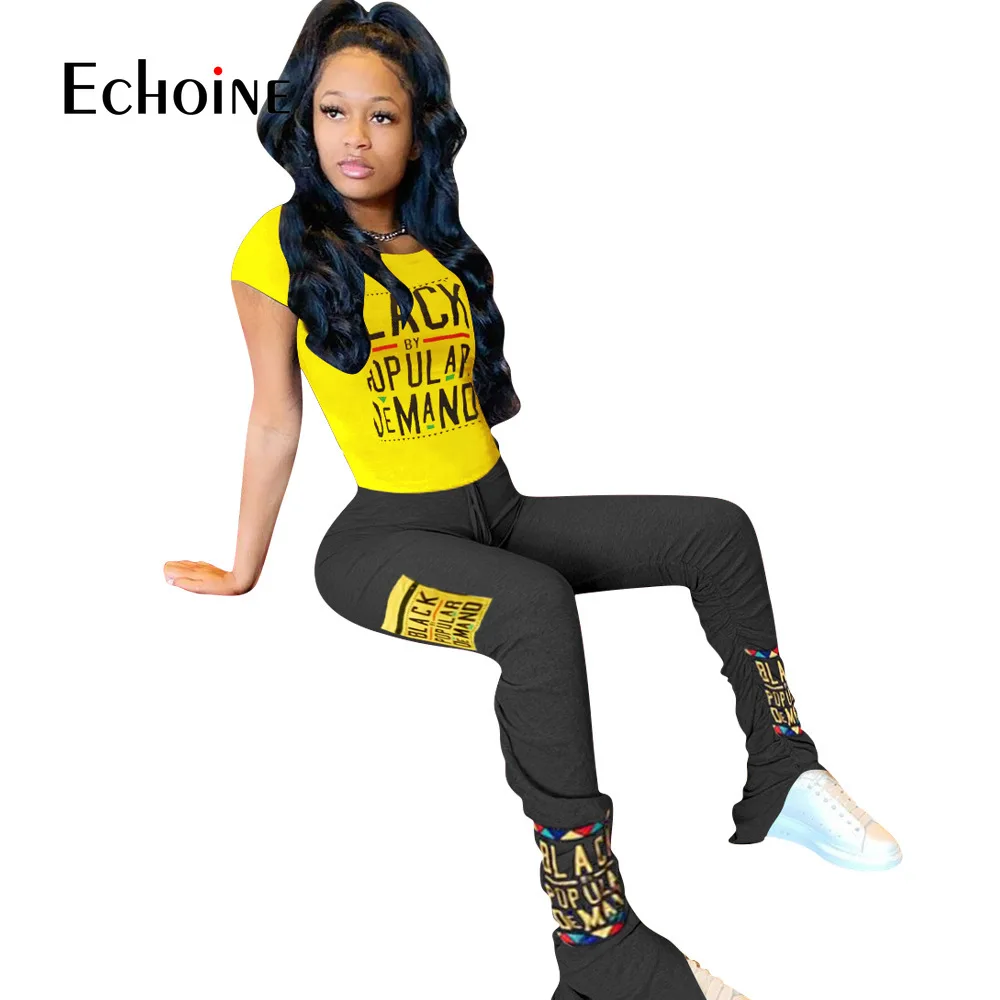 

Echoine BLACK Demand Letter Print Women Two Piece Set Short Tee Tops Bell Bottom Flare Jogger Pant Suit Tracksuit Matching Set