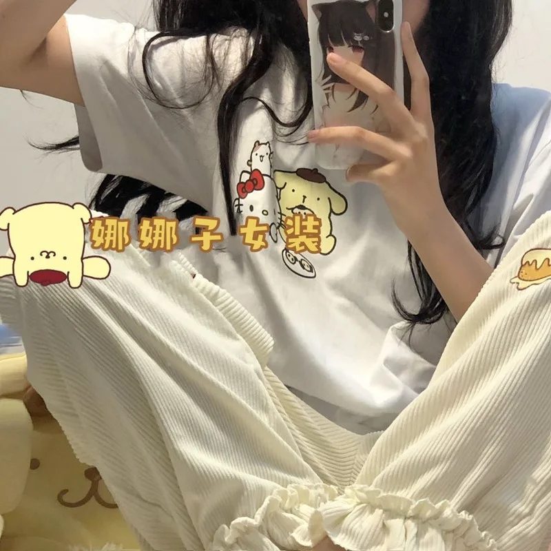 

Women Kawaii Beige Corduroy Pants Women Soft Girl Cute Cartoon Print Oversize Wide Leg Trousers Lace Capri High Waist Straight