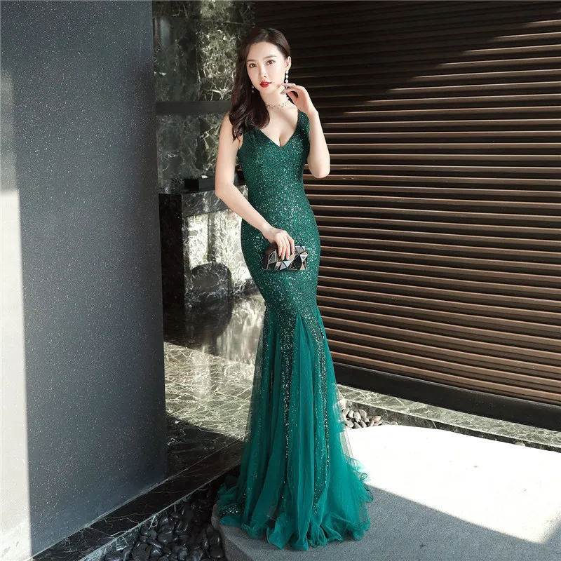

Elegant Gold Green Black Wine Sequined V Neck Sleeveless Long Mermaid Fashion Women Clubwear Sexy Dress Party Banquet Dresses