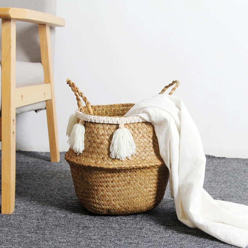 

Nordic Macrame tassel Storage Baskets Foldable Organizer Baby Kids Child Clothes Toys Candy Gadgets Holder bag Case Belly Basket