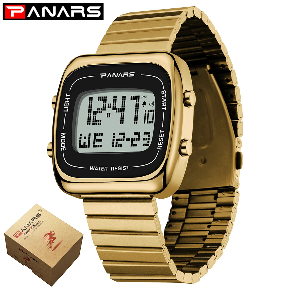 Gold with box PANARS квадратные часы из нержавеющей стали мужские цифровые водонепроницаемые часы для мужчин спортивные электронные наручные часы подарки светящиеся - Цвет: Gold with box