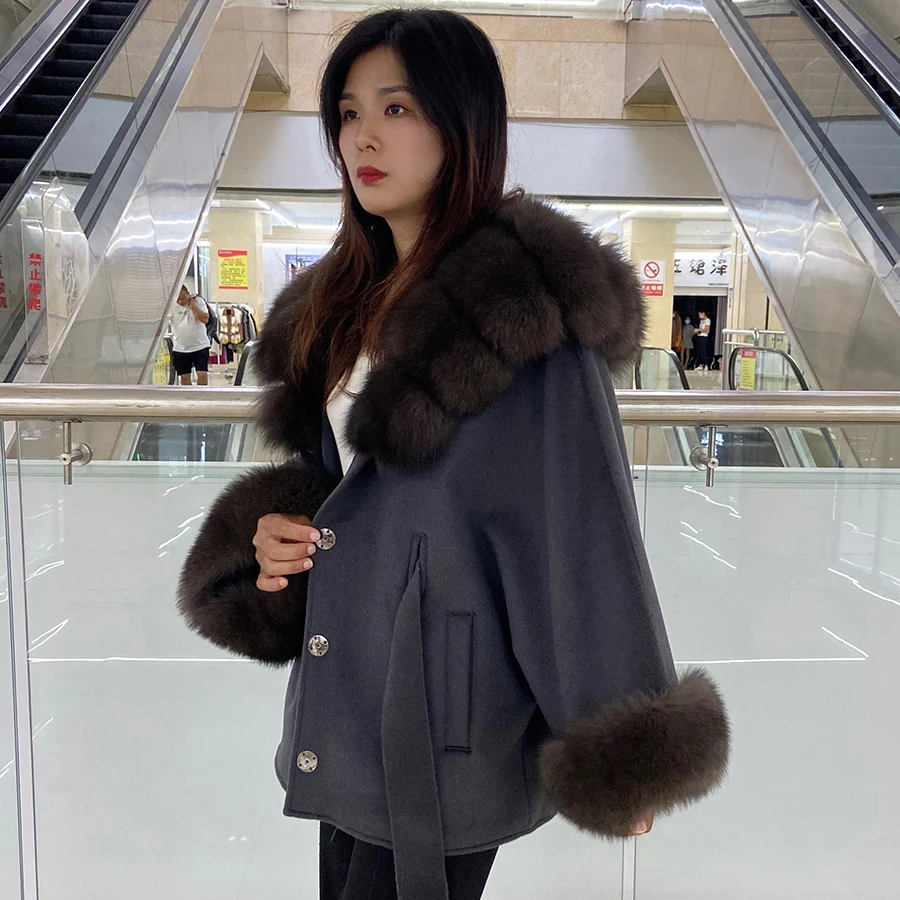 

Fur Coat Women Natural Fox Fur Jacket Wool Blend Overcoat Autumn Winter Cardigan Fashion Adjustable Waist Cape