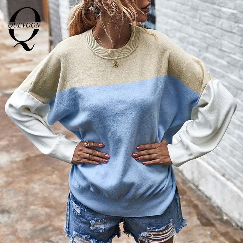 

QUEVOON Fashion Streetwear Colorblocking Jumpers Round Neck Knitted Pullover Sweaters Casual Women Style Office Ladies Clothings