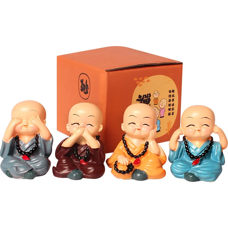 Автомобильные украшения из смолы - набор из 4 милых фигурок маленьких монахов для декорирования панели приборов, дисплея автомобильного интерьера в стиле Будды.
