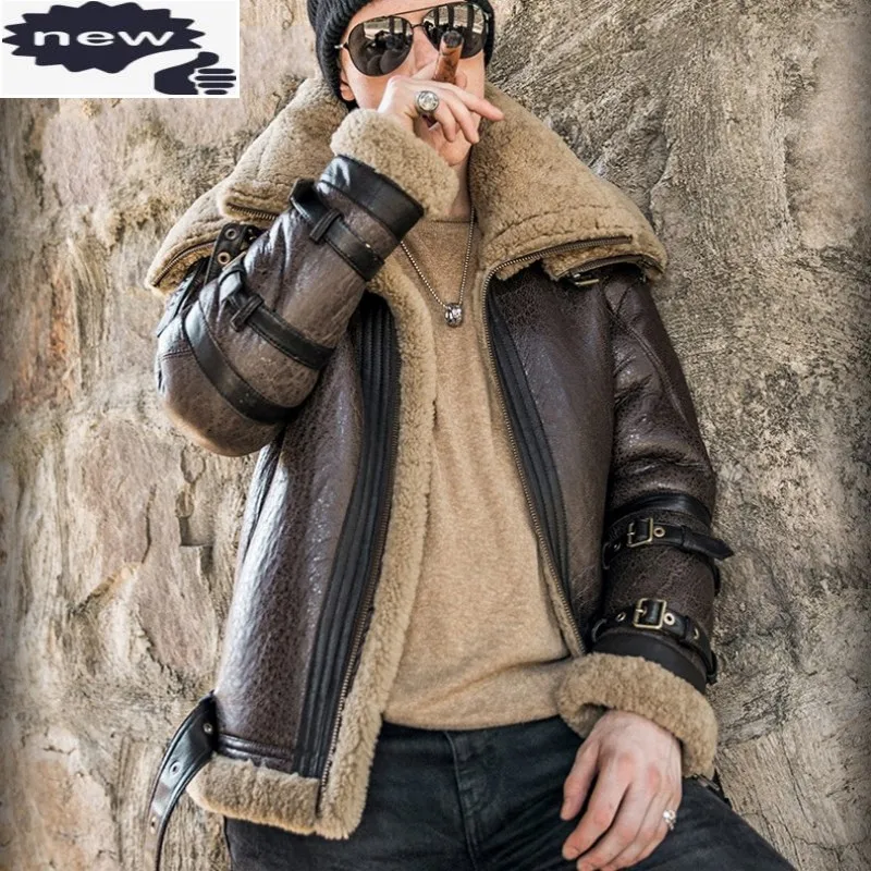 

Italy Luxury Men Winter Shearling Real 6XL Biker Sheepskin Genuine Leather Coat Thick Warm Fur Lining Military Jacket