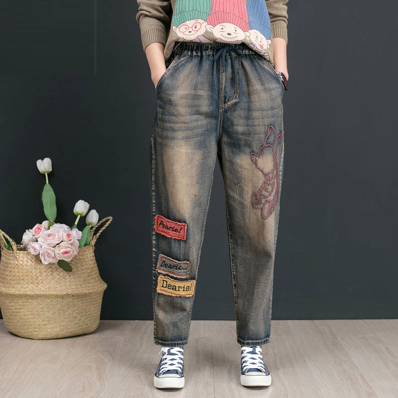 

Autumn New Arts Style Women Jeans Plus Size Vintage Embroidery Patchwork Loose Cotton Denim Harem Pants High Quality D554