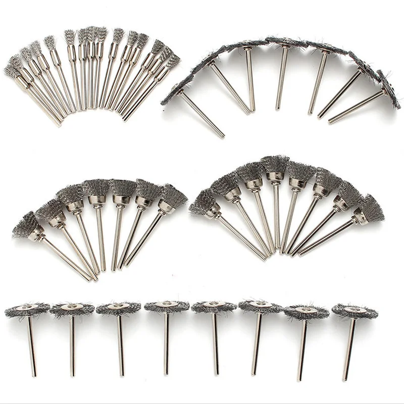 

45pcs 5/15/25mm Steel Wire Wheel Brush Set For Metal Polishing 3.0mm Shank Rotary Brush Dremel Rotary Tool Polishing Tool