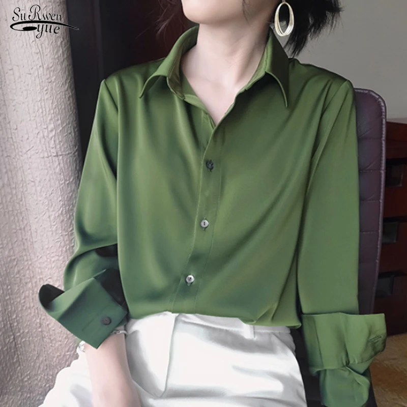

Elegant Shirt Female Silk Korean Office Ladies Blouse Loose Long Sleeve Tops Avocado Green Shirt Vintage Clothes Women 12610