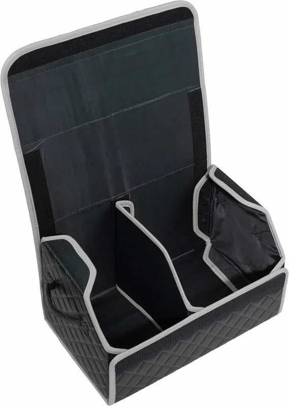 Дешево Сумка-органайзер в багажник автомобиля из экокожи черная с красной нитью ViceCar с логотипом TOYOTA (бежевый кант)