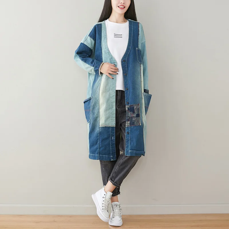 Женский джинсовый плащ в стиле пэтчворк верхняя одежда женское однобортное