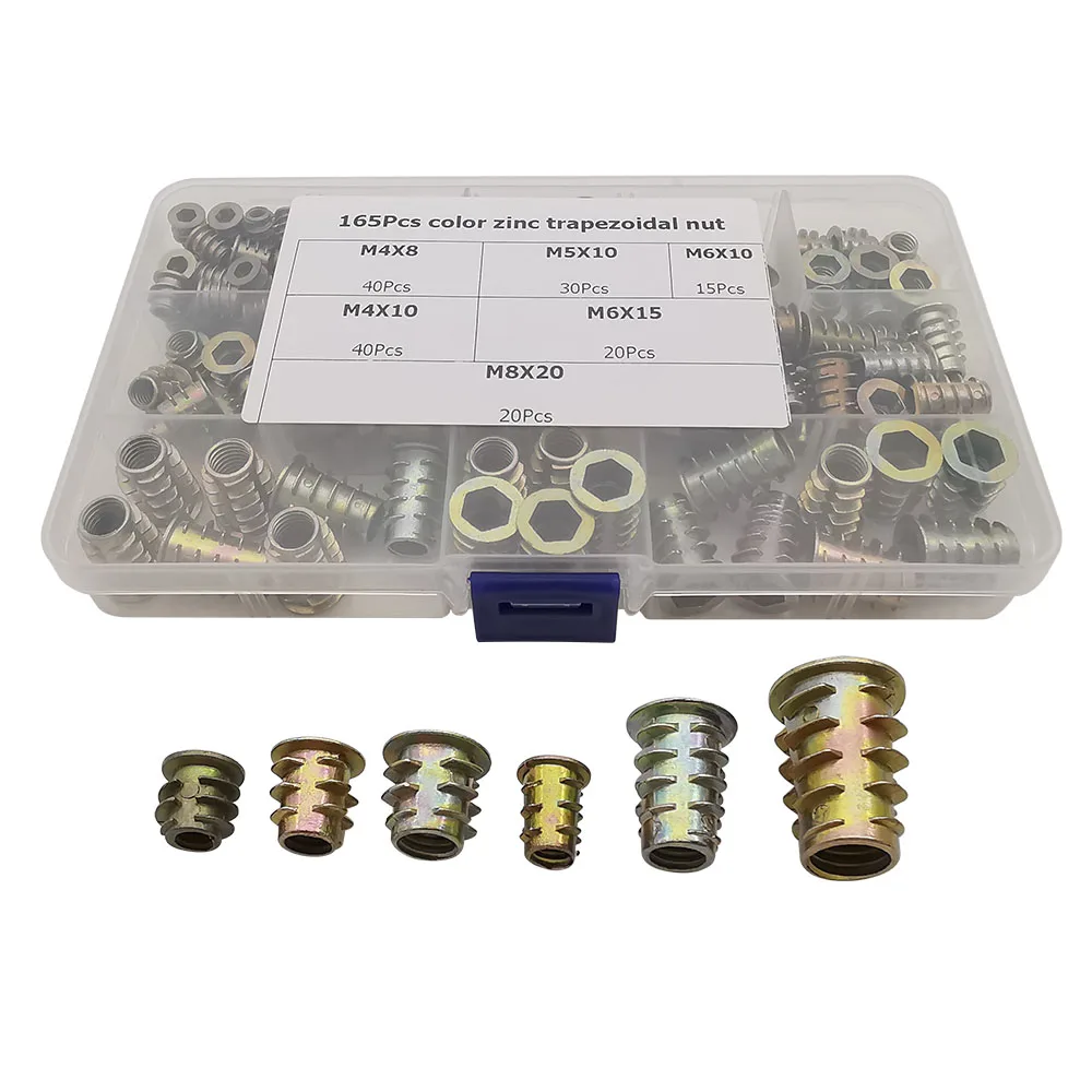 

165Pcs/Box Threaded Inserts Nuts Wood Insert Tool Kit Zinc Alloy Furniture Screw Insert Hexagon Socket M4 M5 M6 M8 Bolt Fastener