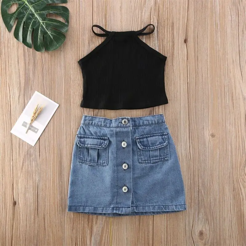 Citgeett Summer 1-6Years Toddler Kids Baby Girl 2PCS Outfits Vest Black Top Tank Denim Skirts Dress Set | Детская одежда и обувь