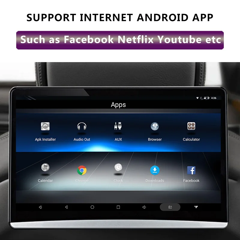 11,6-дюймовый монитор для автомобильной подголовниковой системы с сенсорным экраном Android 9.0 2 ГБ + 16 ГБ 4K 1080P WIFI / Bluetooth / USB / SD / HDMI / FM / Miracast / Mirror Link.