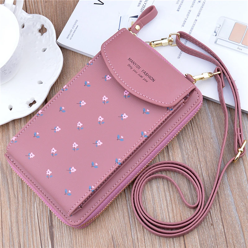 

New Women Purses Flower Print Leather Shoulder Strap Bag Mobile Phone Bag Card Holders Wallet Handbag Pockets For Girls