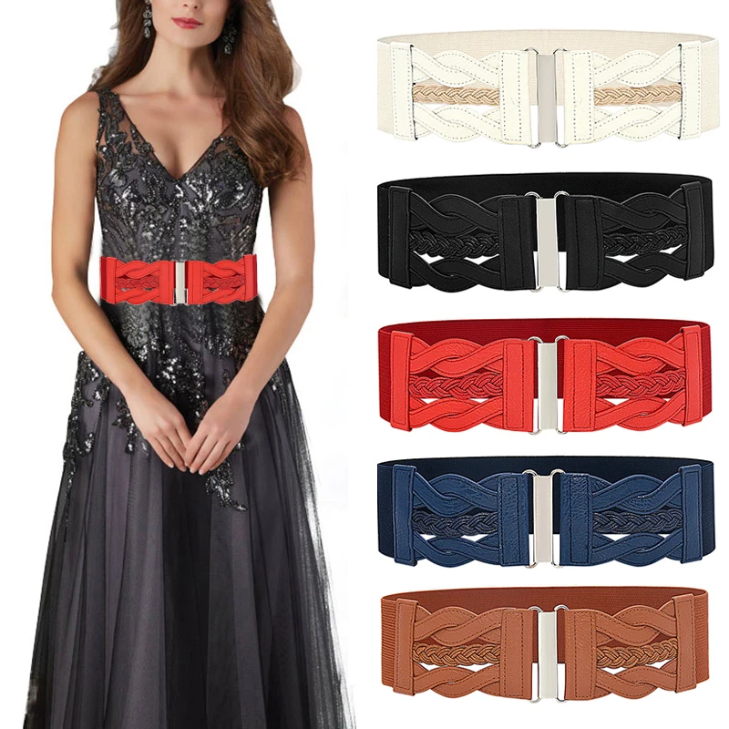 

Vintage Woven Wide Belts Elastic Buckle Hollow Weaved Waistband For Women Shirt Dress Belt Girdle Female Cummerbunds para mujer