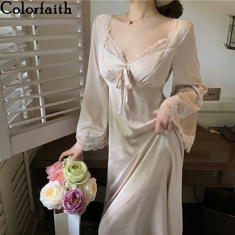 

Colorfaith/Новинка 2021 года; Осенняя женская ночная рубашка; Ночная рубашка; Ночное белье; Кружевное атласное платье большого размера; Женская пик...