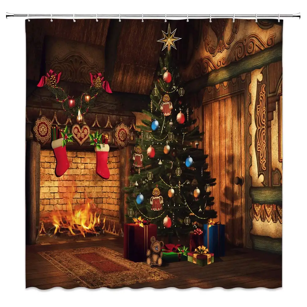 

Christmas Tree with Balls Decor Shower Curtain Vintage Cottage Fireplace Gifts