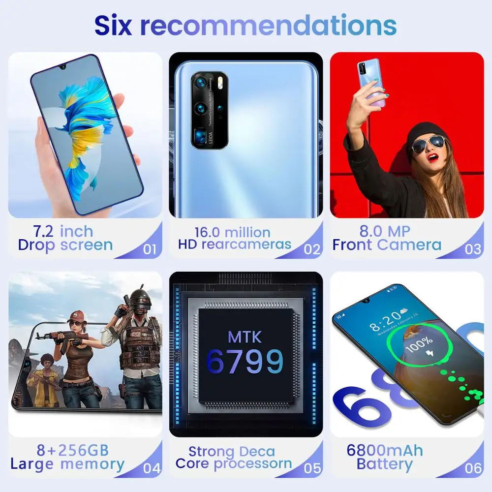 

Newest 7.2 Inch P40pro Android 10.0 Waterdrop Smartphone 8GB 128GB Snapdragon 865 Deca Core 6800mAh 4 Camera Dual SIM 4G LTE HD