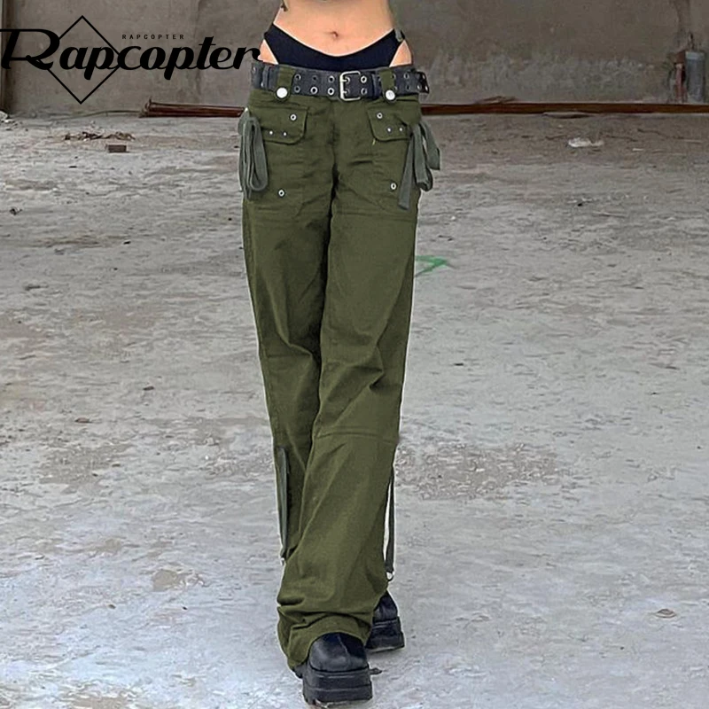 

Брюки-карго Rapcopter y2k зеленые, на шнуровке, с низкой талией, мешковатые модные уличные спортивные штаны, женские Джоггеры в ретро стиле гранж ...