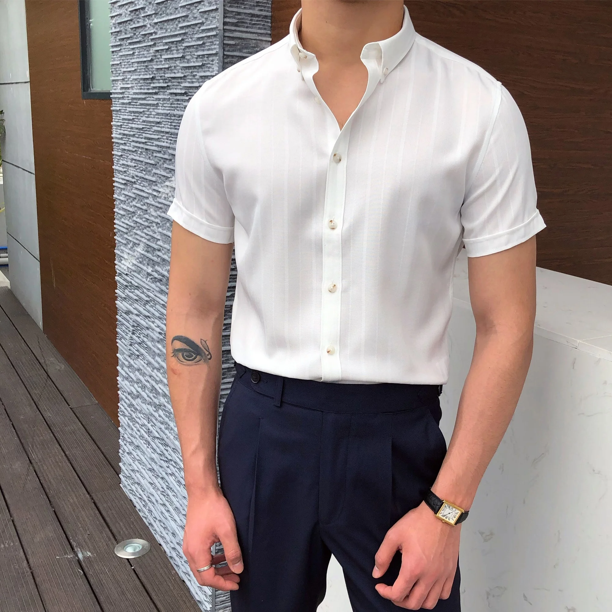 

Italian 2021 Summer Men Short Sleeve Striped Shirt British Casual Slim Shirt Retro Shirt Dress Camisa Masculina Social Summer