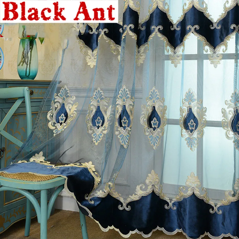 Бархатные вышитые шторы роскошный синий Панель для Гостиная чистой ткани окна