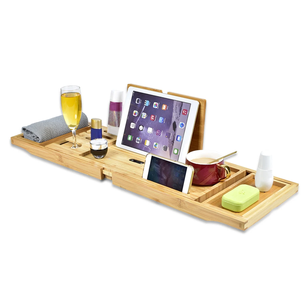 

Expandable Bath Tub Caddy Bathtub Tray Shelf W Book Stand Book Candle Holder