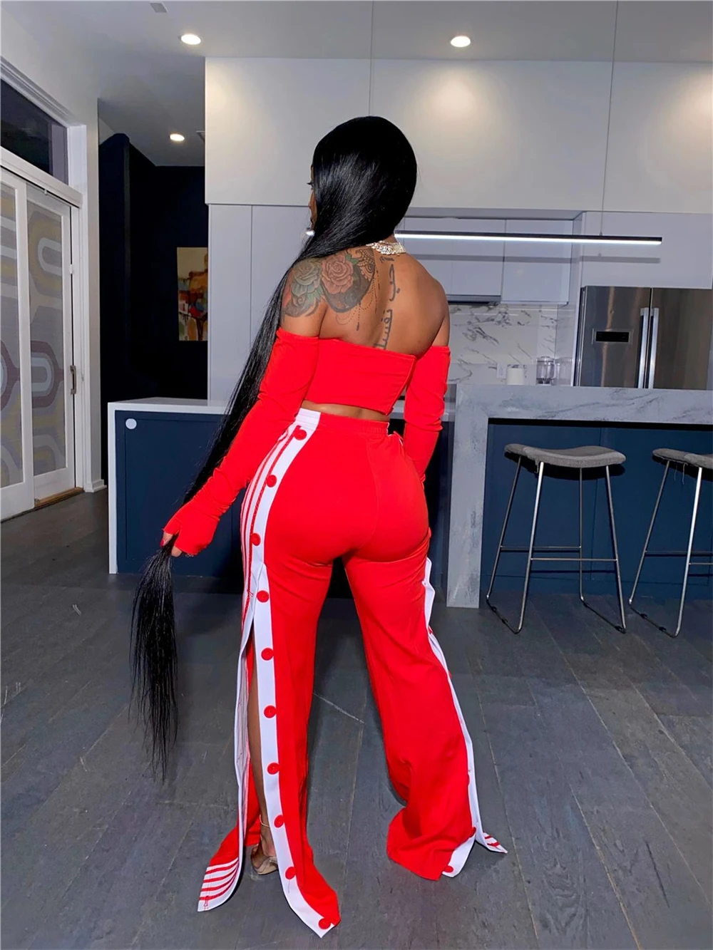 

Sexy Crochet Cover Up Two Piece Set Women Button Split Summer Casual Long Sleeve Crop Top and Pants Set