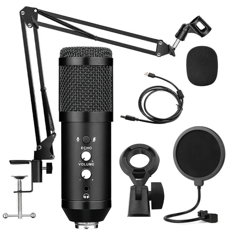 

360° Universal Desktop Bedside Cantilever Bracket Live Broadcast K Song Computer Game USB Condenser Microphone Set Black