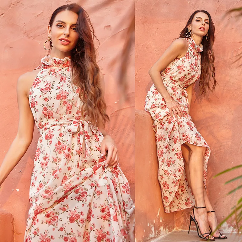 Макси платье WHZHM женское с цветочным принтом шифоновый пляжный сарафан трапеция