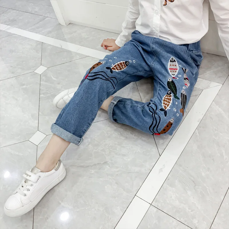 Girl Fish Embroidered Jeans Childrens Trousers for 4 5 6 7 8 9 10 11 12 13 14 Years Old Blue Cartoon Kids Denim Casual Pants | Детская