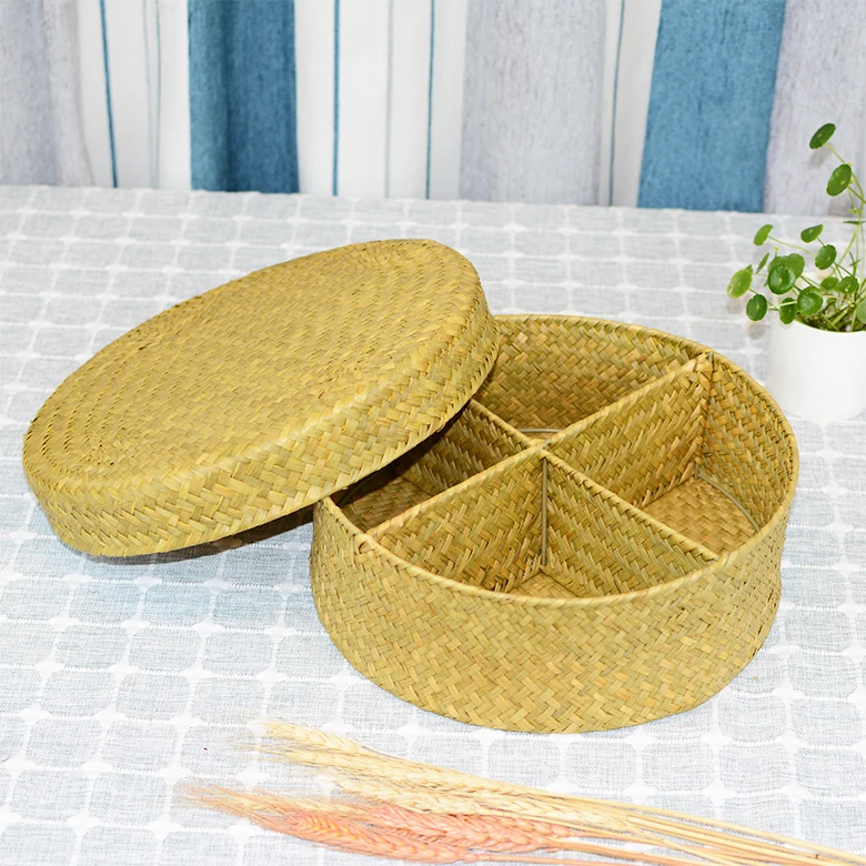 

Seaweed Storage Basket Round Gift Box Snack Storage Box Handmade Finishing Box With Lid - Woven Storage Basket Wardrobe Desktop