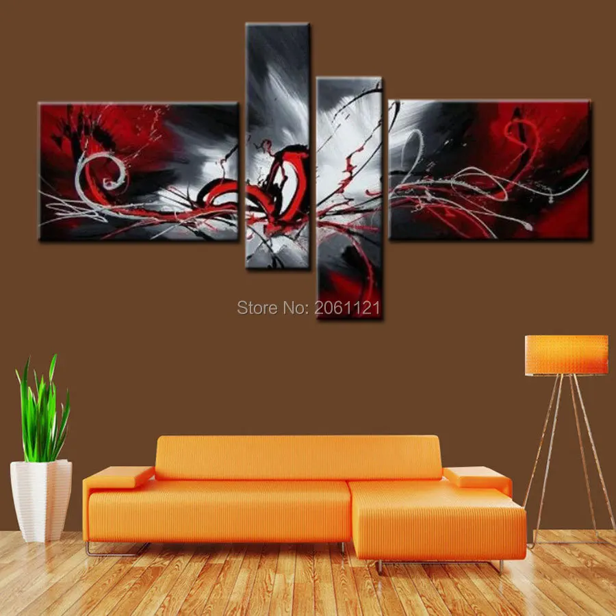 

Modern Abstract cnavas oil painting handmade Black White and Red Wall Art Home Decorative Picture 4 Panels Canvas Art