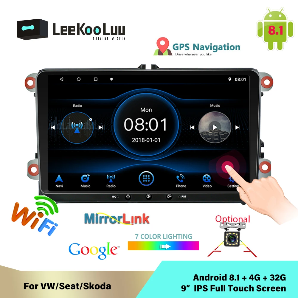 Автомагнитола LeeKooLuu с GPS навигацией Android 8 1 экран IPS 9 дюймов для VW Skoda Octavia golf touran passat