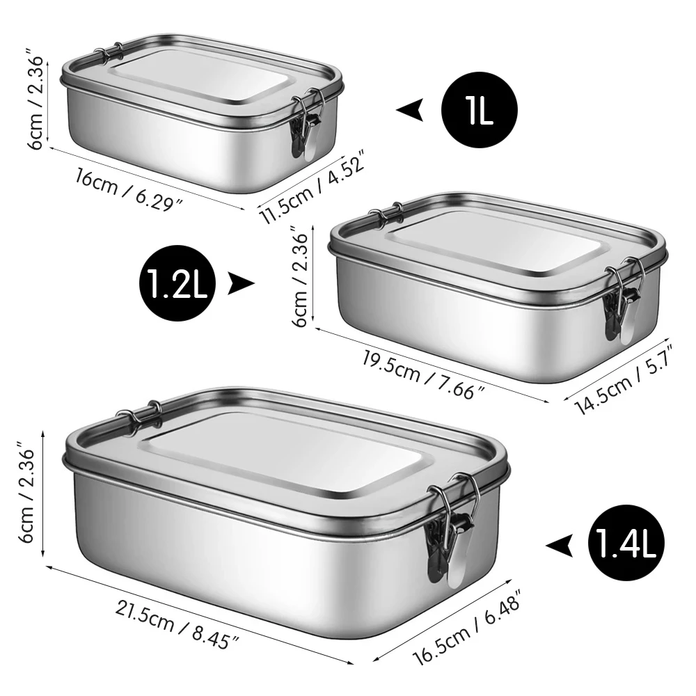 

Lunch Box Food Grade Stainless Steel Anti-Leak Bento Box Strong Tightness For Storing Various Fruits Snacks 1000/1200/1400ML
