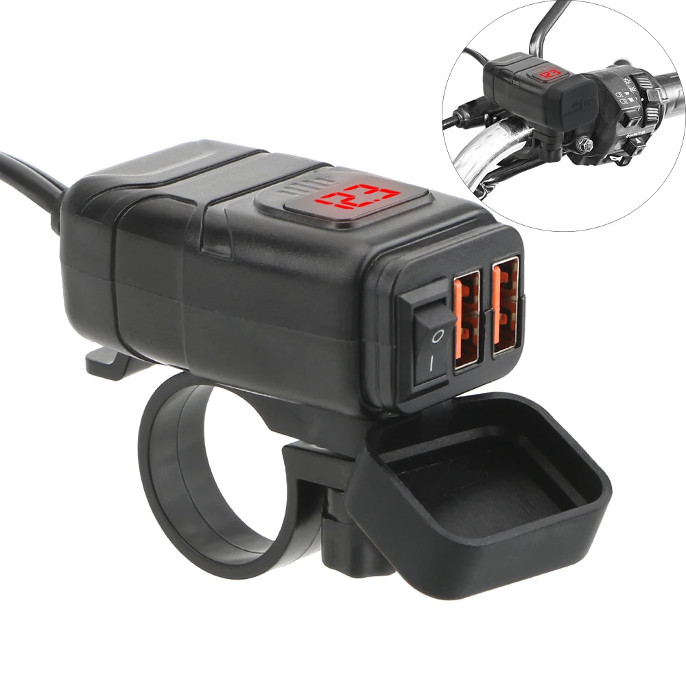

12V Motorcycle Handlebar Charger With Voltmeter Quick Charger 3.0 Adapter Port Waterproof Dual USB Port Motorbike Phone Charging