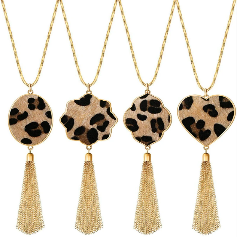 Новые длинные ожерелья для женщин с леопардовым принтом кисточками подвеска
