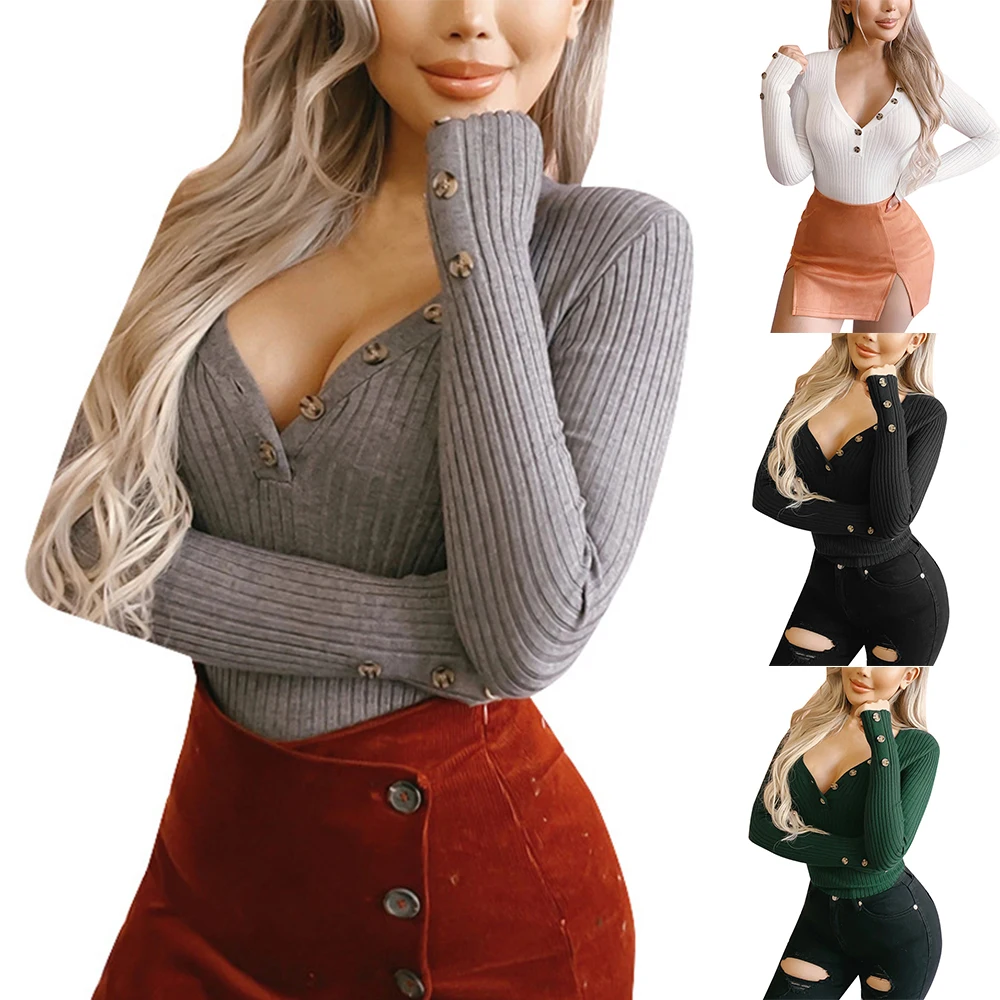 

Solid Color Deep V Neck Button Womens Long Sleeve Basic Knitted Sweater Ladies Casual Slim Fit Sexy All-match Knitwear Tops
