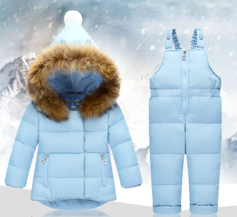 light blue Г., комплекты зимней одежды для детей комбинезон, зимняя куртка+ комбинезон, комплект из 2 предметов, пуховое пальто для маленьких мальчиков и девочек, куртка с меховым капюшоном - Цвет: light blue