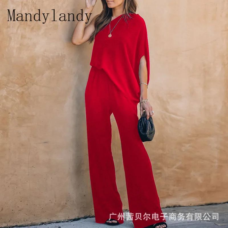 

Mandylandy Jumpsuits Autumn Fashion One Shoulder High Waist Jumpsuits Women's Casual Solid Color Loose Flared Jumpsuits