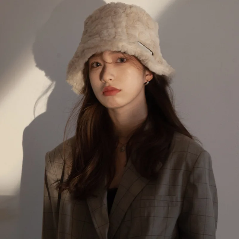 

Fashion New Women's Fisherman Hat Retro Winter Solid Color Plush Panama Hat for Women Warm Artificial Fur Soft Fisherman Sun Hat